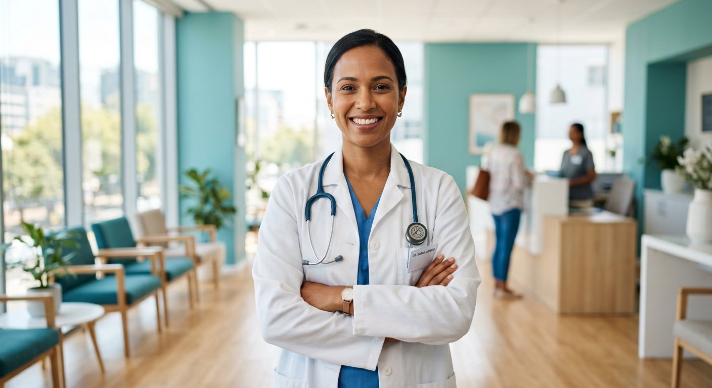 Friendly doctor welcoming patients at Health Immunity Hive